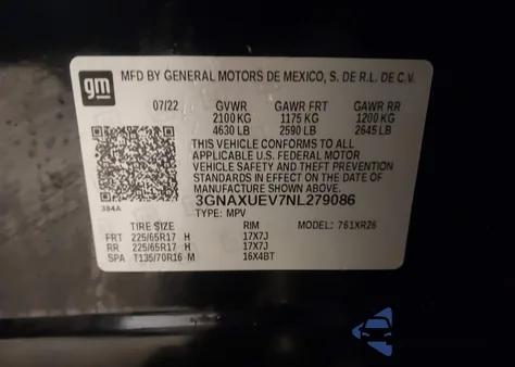 2022 Chevrolet Equinox Awd Lt from USA, damaged, VIN 3GNAXUEV7NL279086